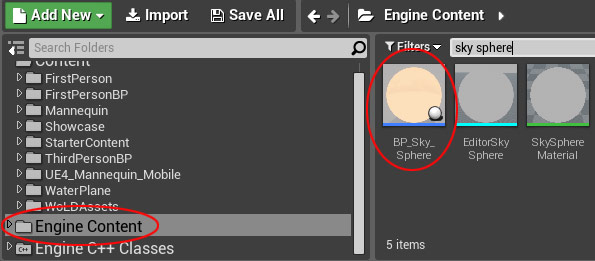 Searching for BP_Sky_Sphere inside Engine Content folder